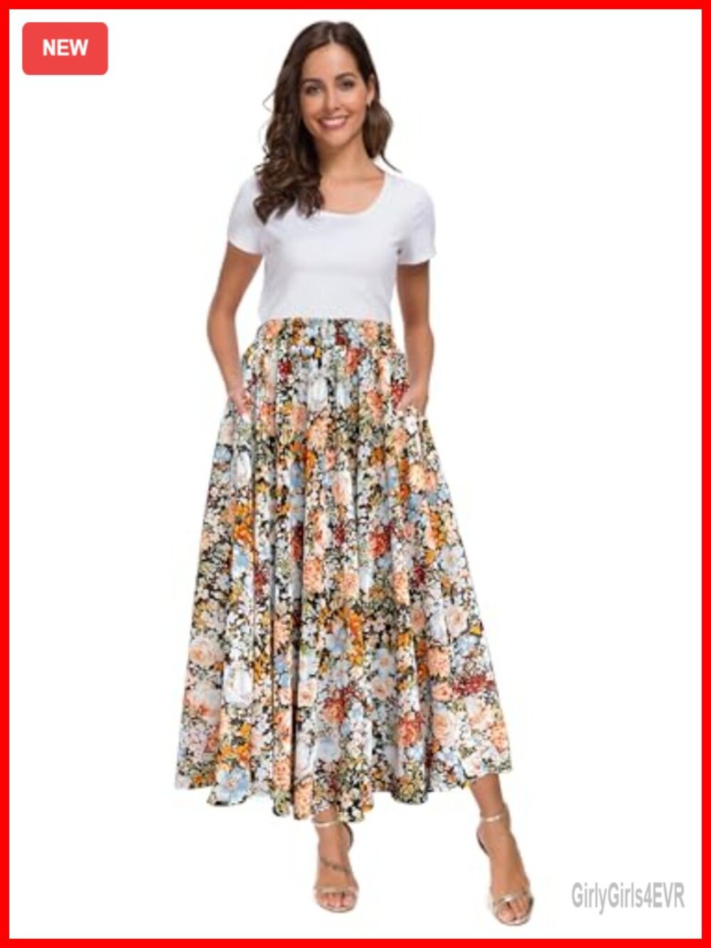 High Waist Floral Print Swing Chiffon Midi Skirt with Pockets